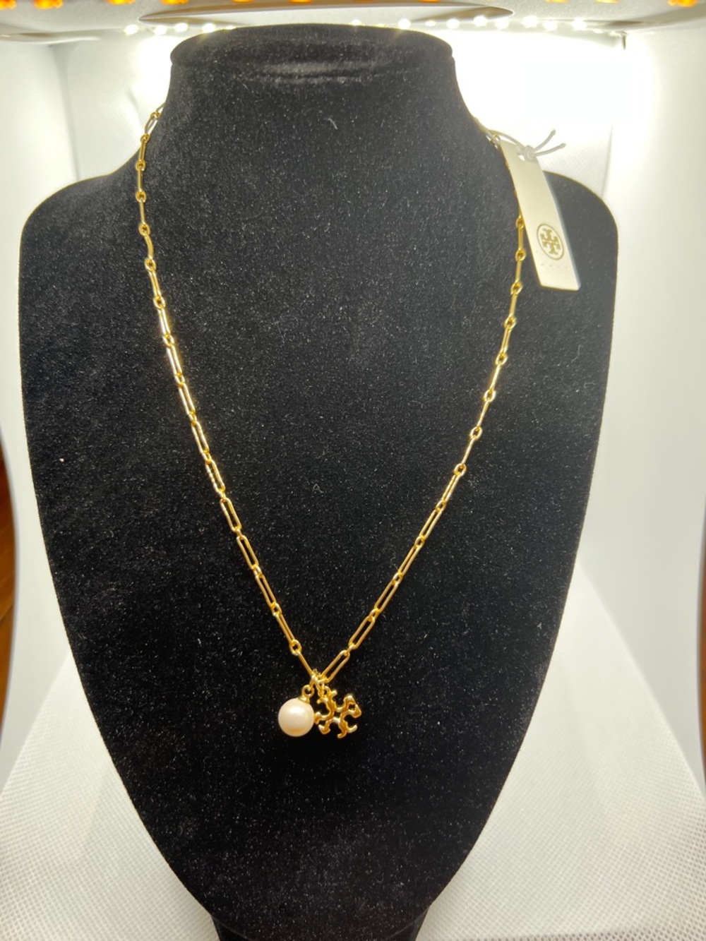 Tory Burch Gold-Tone Paperclip Chain Necklace with Pearl and Logo Charm